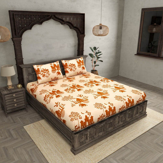Jaipuri Elephant King Size Double Bed Elastic Fitted Premium Bedsheet